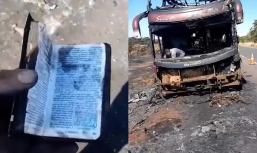 O exemplar do Novo Testamento ficou intacto. (Foto: Reprodução/Instagram/Metrópoles).