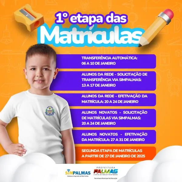1ª etapa de matrículas da rede municipal de ensino inicia na segunda-feira, 6
