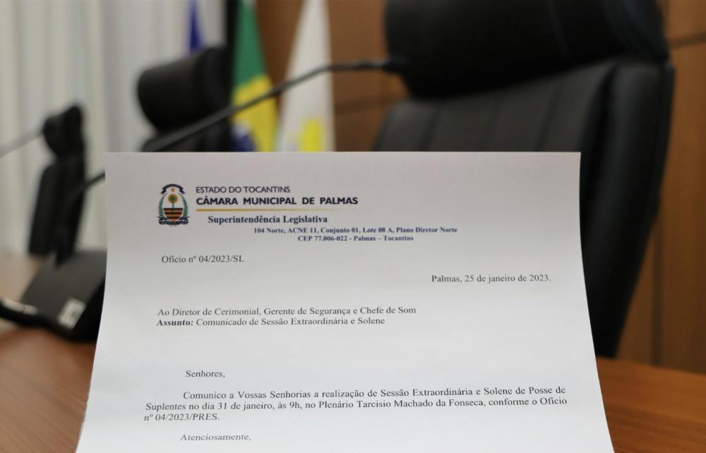 Câmara de Vereadores de Palmas terá sessão extraordinária para empossar novos vereadores